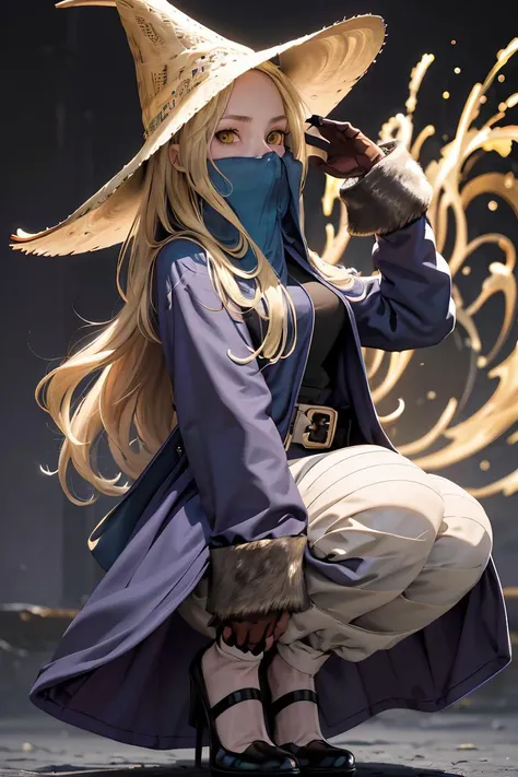 (masterpiece, best quality), 1girl,    <lora:FinalFantasy_FemaleBlackMage:1> BlackMageFFT, long hair, blonde hair, yellow eyes, witch hat, hat, covered mouth, blue coat, black shirt, belt, striped pants, gloves, shoes,