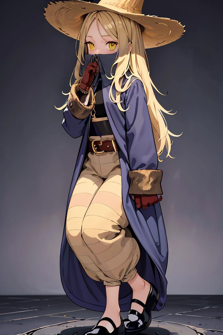 (masterpiece, best quality), 1girl, <lora:FinalFantasy_FemaleBlackMage:1> BlackMageFFT, long hair, blonde hair, yellow eyes, witch hat, hat, covered mouth, blue coat, black shirt, belt, striped pants, gloves, shoes,