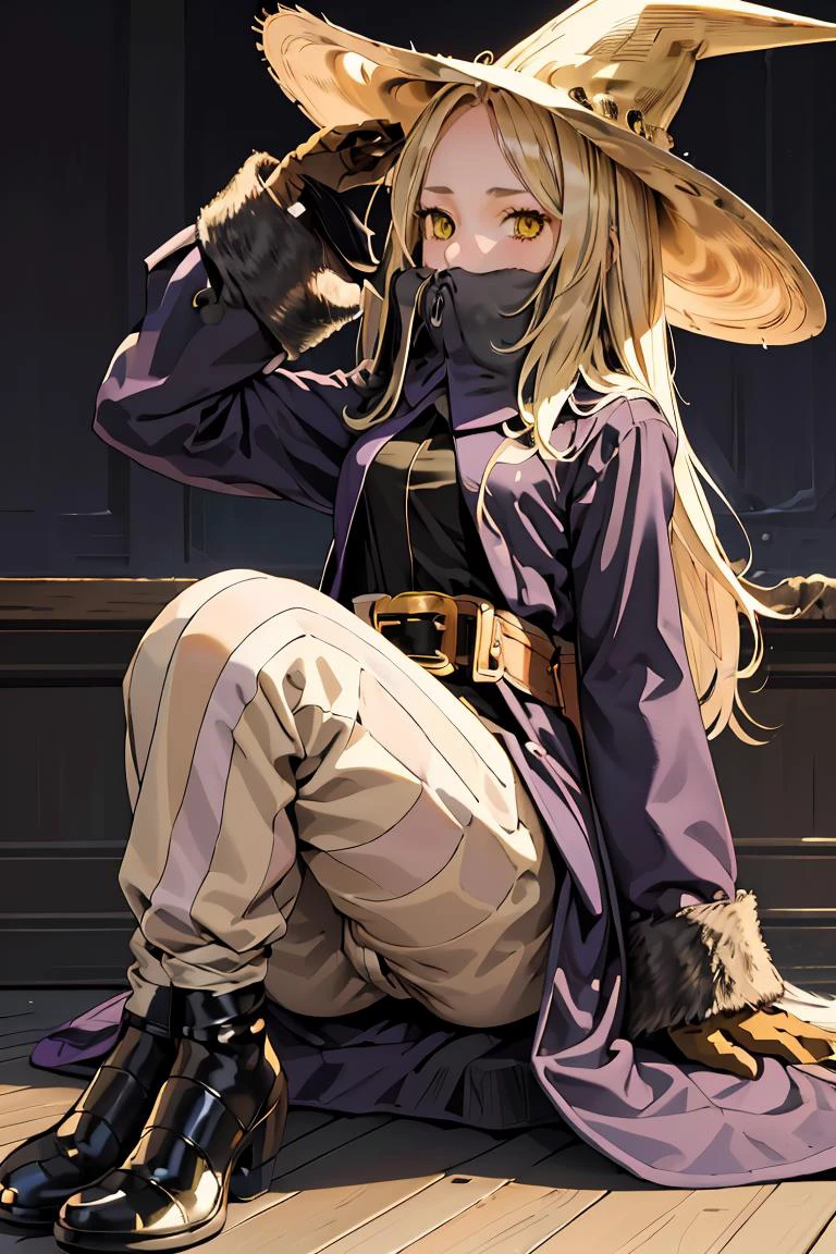(masterpiece, best quality), 1girl, <lora:FinalFantasy_FemaleBlackMage:1> BlackMageFFT, long hair, blonde hair, yellow eyes, witch hat, hat, covered mouth, blue coat, black shirt, belt, striped pants, gloves, shoes,