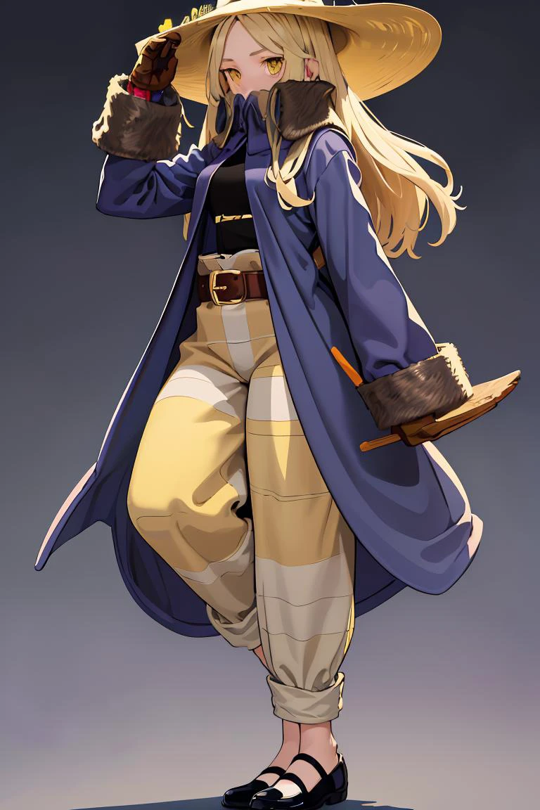 (masterpiece, best quality), 1girl, <lora:FinalFantasy_FemaleBlackMage:1> BlackMageFFT, long hair, blonde hair, yellow eyes, witch hat, hat, covered mouth, blue coat, black shirt, belt, striped pants, gloves, shoes,