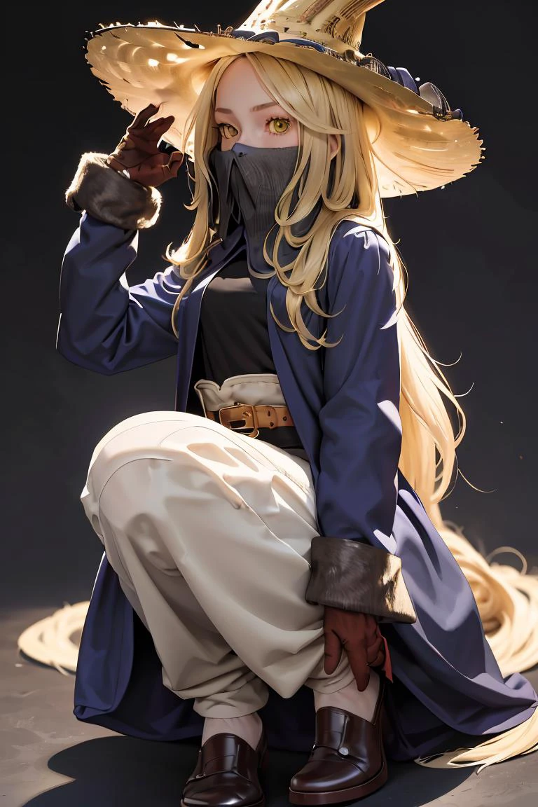 (masterpiece, best quality), 1girl, <lora:FinalFantasy_FemaleBlackMage:1> BlackMageFFT, long hair, blonde hair, yellow eyes, witch hat, hat, covered mouth, blue coat, black shirt, belt, striped pants, gloves, shoes,