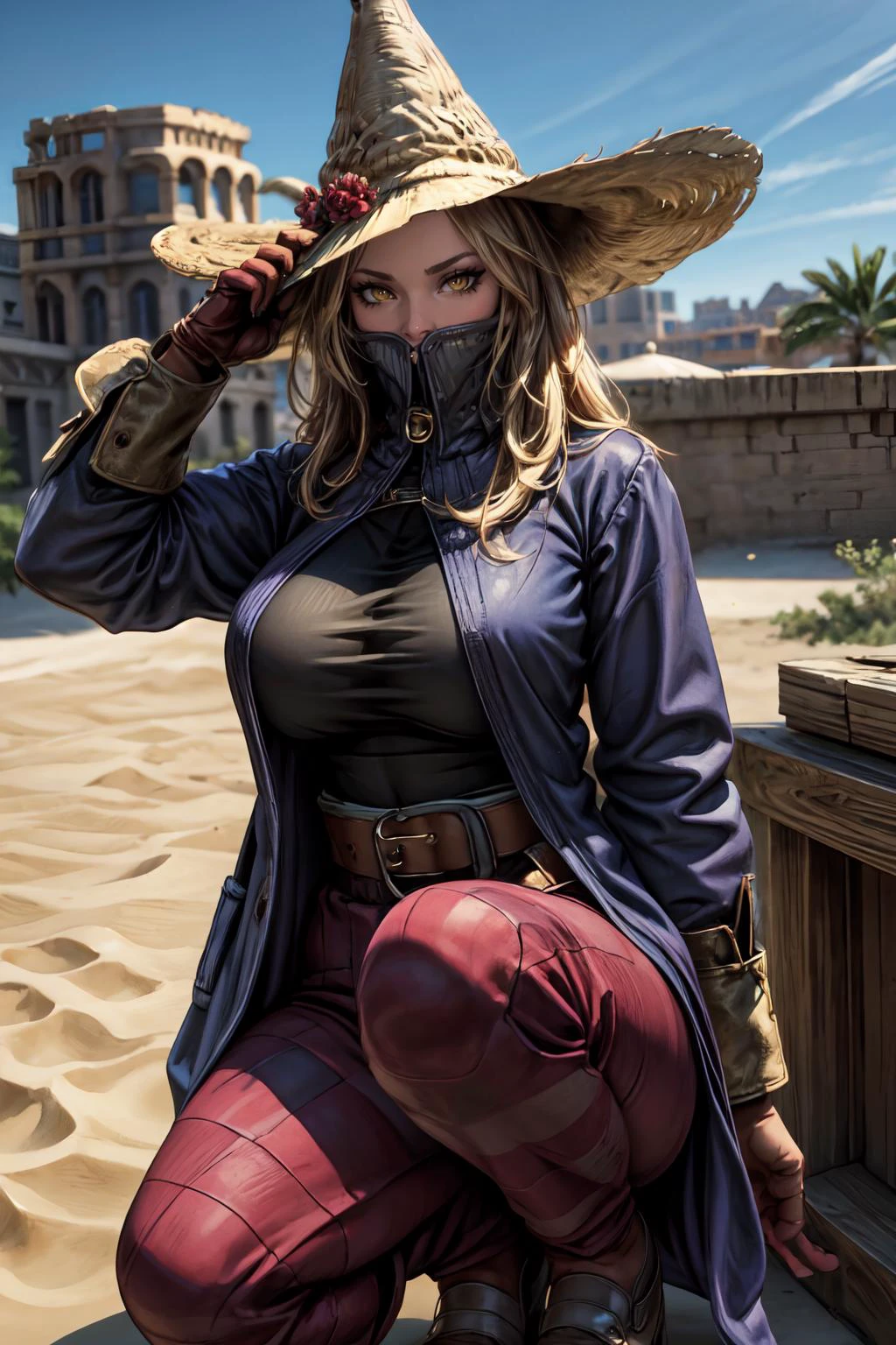 (masterpiece, 8k, 4k, extremely detailed, best quality, absurdres:1.4) nice hands, perfect hands, 1girl, mature, milf, (huge tits:1.3),<lora:more_details:1> <lora:ffxii-nvwls-v1:lbw=outall:1> 12style, desert, city, castle, sand, background out of focus, depth of field, <lora:FinalFantasy_FemaleBlackMage:lbw=inall:0.8> BlackMageFFT, long hair, blonde hair, yellow eyes, witch hat, hat, covered mouth, blue coat, black shirt, belt, striped pants, gloves, shoes,