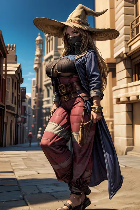 (masterpiece, 8k, 4k, extremely detailed, best quality, absurdres:1.4) nice hands, perfect hands, 1girl, mature, milf, (huge tits:1.3),<lora:more_details:1> <lora:ffxii-nvwls-v1:lbw=outall:1> 12style, desert, city, castle, sand, background out of focus, depth of field, <lora:FinalFantasy_FemaleBlackMage:lbw=inall:0.8> BlackMageFFT, long hair, blonde hair, yellow eyes, witch hat, hat, covered mouth, blue coat, black shirt, belt, striped pants, gloves, shoes,