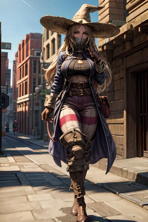 (masterpiece, 8k, 4k, extremely detailed, best quality, absurdres:1.4) nice hands, perfect hands, 1girl, mature, milf, (huge tits:1.3),<lora:more_details:1> <lora:ffxii-nvwls-v1:lbw=outall:1> 12style, desert, city, castle, sand, background out of focus, depth of field, <lora:FinalFantasy_FemaleBlackMage:lbw=inall:0.8> BlackMageFFT, long hair, blonde hair, yellow eyes, witch hat, hat, covered mouth, blue coat, black shirt, belt, striped pants, gloves, shoes,