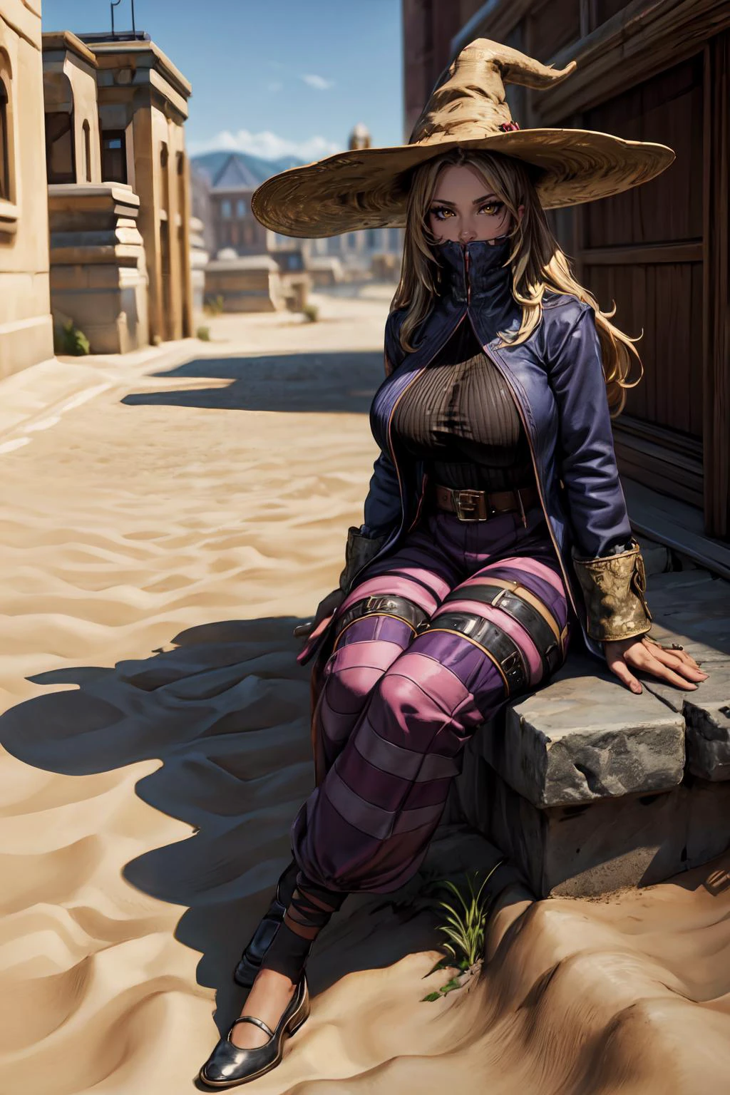 (masterpiece, 8k, 4k, extremely detailed, best quality, absurdres:1.4) nice hands, perfect hands, 1girl, mature, milf, (huge tits:1.3),<lora:more_details:1> <lora:ffxii-nvwls-v1:lbw=outall:1> 12style, desert, city, castle, sand, background out of focus, depth of field, <lora:FinalFantasy_FemaleBlackMage:lbw=inall:0.8> BlackMageFFT, long hair, blonde hair, yellow eyes, witch hat, hat, covered mouth, blue coat, black shirt, belt, striped pants, gloves, shoes,
