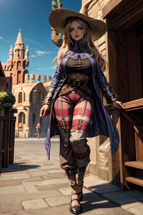 (masterpiece, 8k, 4k, extremely detailed, best quality, absurdres:1.4) nice hands, perfect hands, 1girl,  mature, milf, (huge tits:1.3),<lora:more_details:1> <lora:ffxii-nvwls-v1:lbw=outall:1> 12style, desert, city, castle, sand, background out of focus, depth of field,  <lora:FinalFantasy_FemaleBlackMage:lbw=inall:0.8> BlackMageFFT, long hair, blonde hair, yellow eyes, witch hat, hat, covered mouth, blue coat, black shirt, belt, striped pants, gloves, shoes,