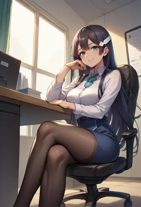 score_9, score_8_up, score_7_up, source_anime, 1girl, solo, MimoriTougouHeroSuit, long hair, headpiece, indoors, office lady, office chair, sitting, crossed legs, miniskirt, black pantyhose, dress shirt, smile, <lora:ChamMimoriTougouHeroSuitPonyXL-000003:1>