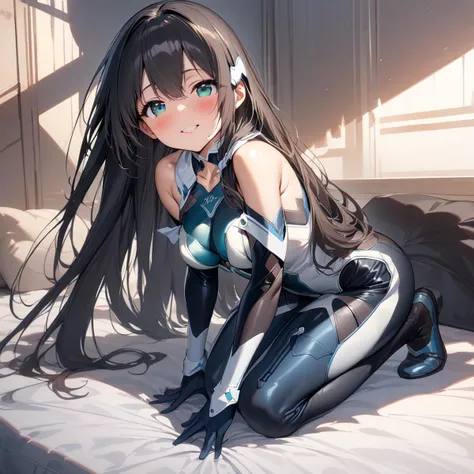 (masterpiece),(best quality),(ultra-detailed),(best illustration),(best shadow),(absurdres),(detailed background),(very aesthetic), 1girl, solo, MimoriTougouHeroSuit, long hair, headpiece, detached collar, bodysuit, bare shoulders, detached sleeves, gloves, seiza, kneeling, on bed, blush, smile, <lora:ChamMimoriTougouHeroSuitPonyXL:1>