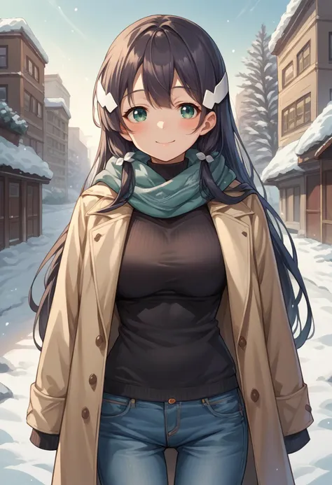 score_9, score_8_up, score_7_up, source_anime, 1girl, solo, MimoriTougouHeroSuit, long hair, headpiece, turtleneck sweater, black sweater, coat, jeans, outdoors, scarf, winter, smile, blush, <lora:ChamMimoriTougouHeroSuitPonyXL-000003:1>