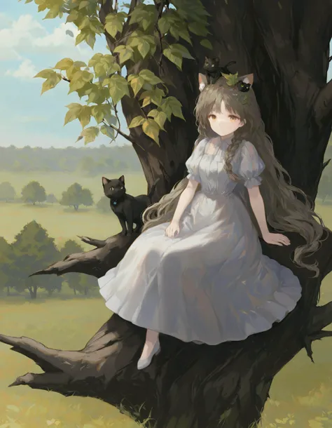 masterpiece, best quality,leaf, tree, 1girl, cat, long hair, in tree, dress, braid, sitting, outdoors, white dress, sitting in tree, animal, branch, solo, black cat, sky, day, very long hair, puffy sleeves, short sleeves, leaf on head 
 <lora:HyatsuXLlokr8f-000183:0.95>