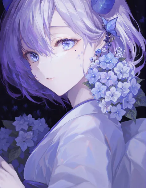 masterpiece, best quality,flower, solo, hydrangea, hair flower, blue flower, horns, blue eyes, looking at viewer, hair ornament, blue theme, 1girl, hair between eyes, upper body, parted lips, japanese clothes, kimono, white hair, multicolored hair, mole under mouth, short hair, blue horns, from side, facial mark, purple hair 
 <lora:HyatsuXLlokr8f-000183:0.95>