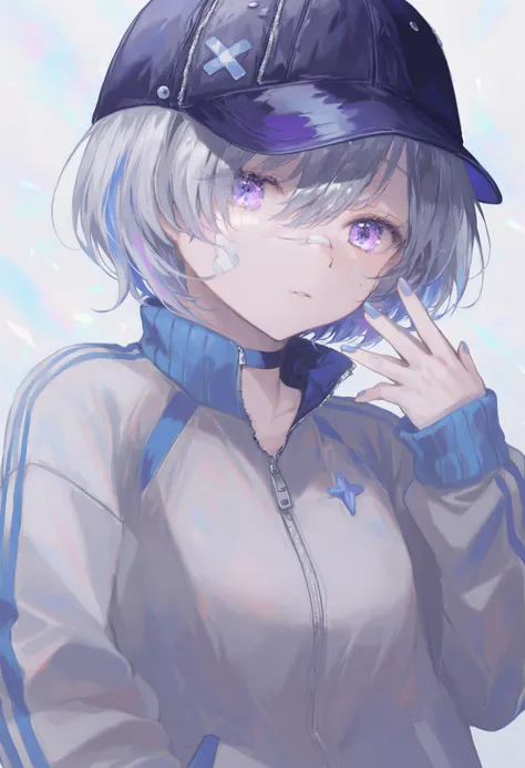 masterpiece, best quality,1girl, solo, bandaid on face, bandaid on nose, hat, jacket, bandaid, blue hair, hair over one eye, virtual youtuber, long sleeves, sleeves past wrists, looking at viewer, blue jacket, short hair, blue eyes, amane kanata, baseball cap, upper body, track jacket, blue headwear, purple eyes, grey hair, multicolored hair, hand up, zipper 
 <lora:HyatsuXLlokr8f-000183:0.95>