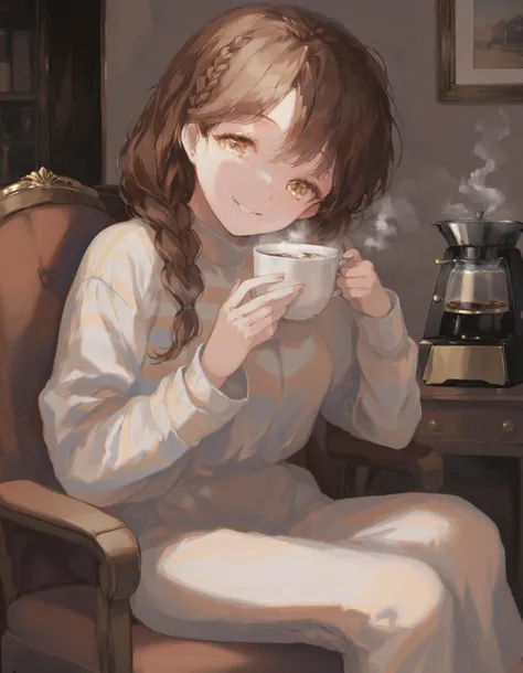 masterpiece, best quality,1girl, solo, long hair, cup, holding, brown hair, braid, holding cup, long sleeves, smile, steam, sitting, coffee, brown eyes, chair, looking at viewer, striped clothes 
 <lora:HyatsuXLlokr8f-000183:0.95>