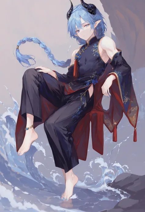 masterpiece, best quality,horns, 1boy, solo, male focus, pointy ears, jewelry, braid, water, long hair, barefoot, looking at viewer, wide sleeves, blue eyes, dragon horns, full body, anklet, blue hair, black pants, earrings, pants, chinese clothes, braided ponytail, detached sleeves, closed mouth, long sleeves 
 <lora:HyatsuXLlokr8f-000183:0.95>