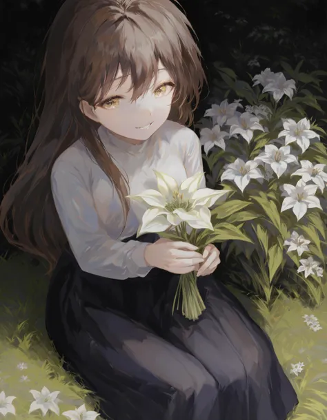 masterpiece, best quality,1girl, solo, long hair, flower, holding, holding flower, long sleeves, sitting, looking at viewer, shirt, black skirt, brown hair, black hair, smile, white shirt, hair between eyes, skirt, lily \(flower\), white flower, grass, black background 
 <lora:HyatsuXLlokr8f-000183:0.95>