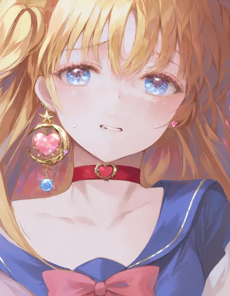 masterpiece, best quality,1girl, solo, tsukino usagi, sailor moon, sailor senshi uniform, heart, sailor moon redraw challenge \(meme\), blue eyes, choker, crescent, jewelry, earrings, blonde hair, long hair, sailor collar, twintails, heart choker, blue sailor collar, crescent earrings, red choker, hair over shoulder, meme, upper body, collarbone, sweatdrop, circlet, blush, parted bangs, teeth, clenched teeth, bow 
 <lora:HyatsuXLlokr8f-000183:0.95>