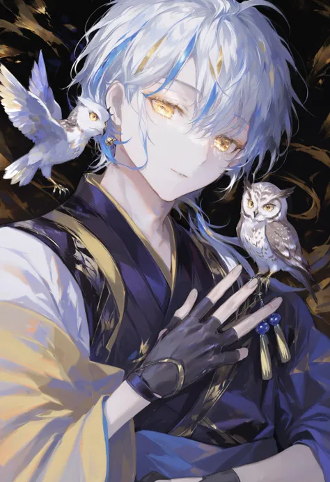 masterpiece, best quality,1boy, bird, yellow eyes, male focus, white hair, gloves, owl, fingerless gloves, multicolored hair, blue hair, solo, black gloves, ahoge, japanese clothes, looking at viewer 
 <lora:HyatsuXLlokr8f-000183:0.95>