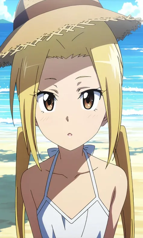 anime artwork hagimura suzu, 1girl, long hair, blonde hair, lips, twintails, brown eyes, petite, flat chested, (straw = hat), beach,masterpiece,best quality,8k highres . anime style, key visual, vibrant, studio anime, highly detailed