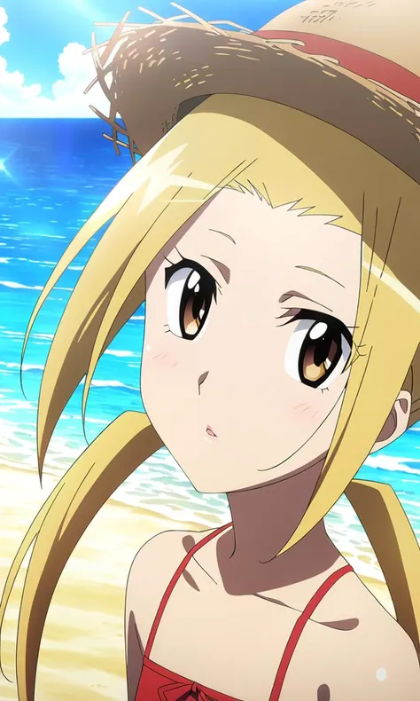 anime artwork hagimura suzu, 1girl, long hair, blonde hair, lips, twintails, brown eyes, petite, flat chested, (straw = hat), beach,masterpiece,best quality,8k highres . anime style, key visual, vibrant, studio anime, highly detailed