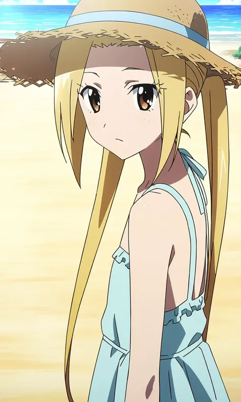 anime artwork hagimura suzu, 1girl, long hair, blonde hair, twintails, brown eyes, petite, flat chested, (straw = hat), beach,masterpiece,best quality,8k highres . anime style, key visual, vibrant, studio anime, highly detailed