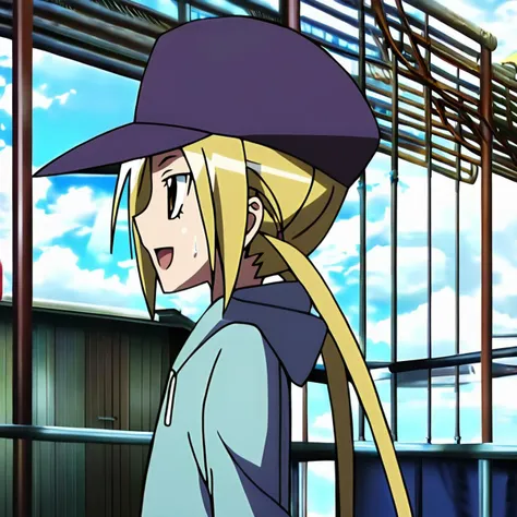 anime artwork illustrating Hagimura_Suzu, 1girl, solo, long hair, smile, open mouth, blonde hair, hat, twintails, brown eyes, yellow eyes, sweat, sky, day, cloud, hood, hoodie, profile, high quality,masterpiece,animestyle, highress,female focus. created by japanese anime studio. highly emotional. best quality, high resolution