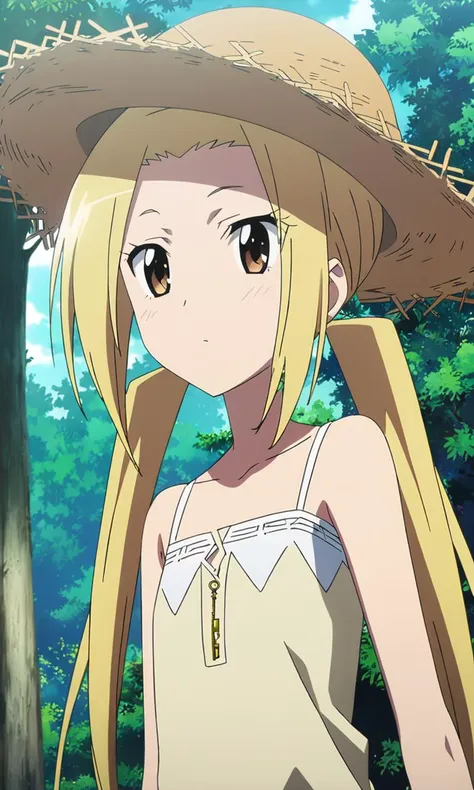 anime artwork hagimura suzu, 1girl, long hair, blonde hair, twintails, brown eyes, petite, flat chested, (straw = hat), forest,masterpiece,best quality,8k highres . anime style, key visual, vibrant, studio anime, highly detailed