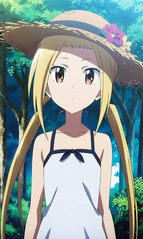 anime artwork hagimura suzu, 1girl, long hair, blonde hair, twintails, brown eyes, petite, flat chested, (straw = hat), forest,masterpiece,best quality,8k highres . anime style, key visual, vibrant, studio anime, highly detailed