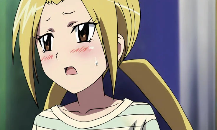 anime artwork illustrating Hagimura_Suzu, 1girl, solo, long hair, blush, open mouth, blonde hair, shirt, long sleeves, twintails, collarbone, upper body, striped, sweatdrop, blurry, blurry background, low twintails, striped shirt, striped sweater, high quality,masterpiece,animestyle, highress,female focus. created by japanese anime studio. highly emotional. best quality, high resolution