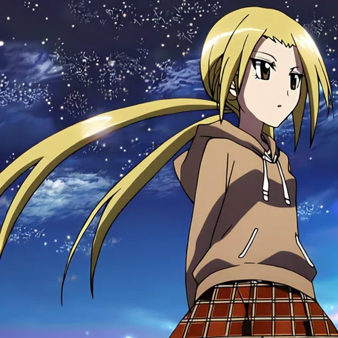 anime artwork illustrating Hagimura_Suzu, 1girl, solo, long hair, skirt, blonde hair, twintails, brown eyes, sky, hood, plaid, dutch angle, hoodie, night, plaid skirt, arms behind back, from below, star (sky), night sky, starry sky, high quality,masterpiece,animestyle, highress,female focus. created by japanese anime studio. highly emotional. best quality, high resolution