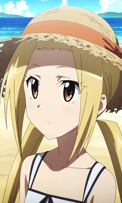 anime artwork hagimura suzu, 1girl, long hair, blonde hair, twintails, brown eyes, petite, flat chested, (straw = hat), beach,masterpiece,best quality,8k highres . anime style, key visual, vibrant, studio anime, highly detailed