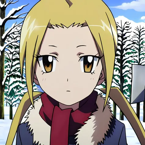 anime artwork illustrating Hagimura_Suzu, 1girl, solo, long hair, looking at viewer, blonde hair, twintails, yellow eyes, outdoors, day, scarf, tree, coat, snow, winter, shovel, high quality,masterpiece,animestyle, highress,female focus. created by japanese anime studio. highly emotional. best quality, high resolution