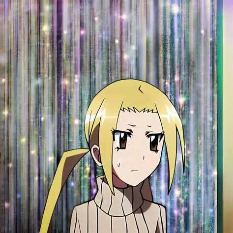 anime artwork illustrating Hagimura_Suzu, 1girl, solo, long hair, blonde hair, twintails, brown eyes, yellow eyes, sweatdrop, sweater, turtleneck, ribbed sweater, high quality,masterpiece,animestyle, highress,female focus. created by japanese anime studio. highly emotional. best quality, high resolution