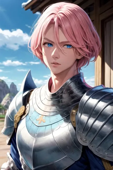 masterpiece, best quality, ultra-detailed, illustration, 1boy, solo, male focus, looking at viewer, upper body, , <lora:gilthunder_nanatsu_no_taizai:0.72>, gilthunder_nanatsu_no_taizai, pink hair, blue eyes, armor, yukata