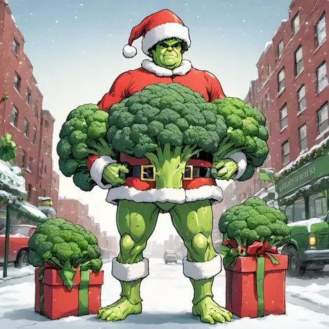 <lora:xmas-broccoli-man:0.8>xmasbroccoliman,city