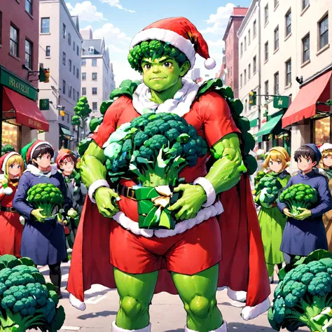<lora:xmas-broccoli-man:0.8>xmasbroccoliman,He handed over broccoli as a gift in city.