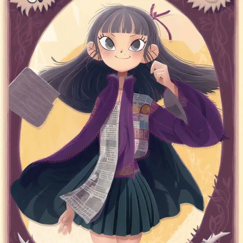 <lora:teoskaffa:1>,
1girl, :d, animal, bangs, bird, black robe, black skirt, blue eyes, blue scarf, book, braid, capelet, character name, eyebrows visible through hair, fringe trim, grey hair, grey sweater, highres, holding, holding book, holding wand, kneehighs, long hair, long sleeves, monocle, multiple girls, newspaper, open book, open clothes, open robe, owl, parted bangs, pleated skirt, rhea \(0u0\), robe, scarf, skirt, sleeves past wrists, smile, standing, sweater, symbol-only commentary, wand, white legwear, wide sleeves