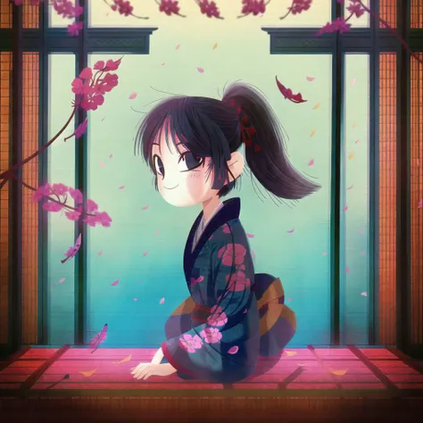 <lora:teoskaffa:1>,
1girl, ahoge, black bow, blue jacket, bow, cherry blossoms, falling petals, feet out of frame, grey hakama, hair bow, (hair over one eye:0.8), hair pulled back, hakama, haori, highres, jacket, japanese clothes, kimono, petals, very colorful hair, seiza, shouji, sitting, sliding doors, smile, solo focus, sunlight, table, white kimono,
