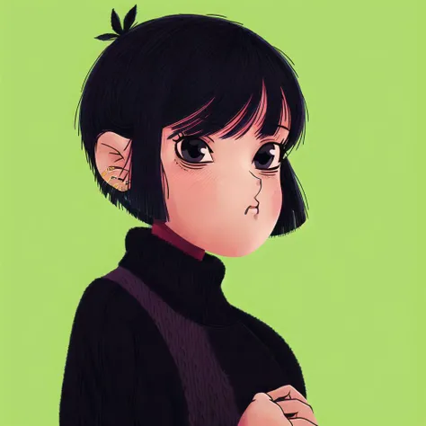 <lora:teoskaffa:1>,
masterpiece, best quality, 1girl, solo, black eyes, black hair, black sweater, bob cut, closed mouth, medium hair, simple background