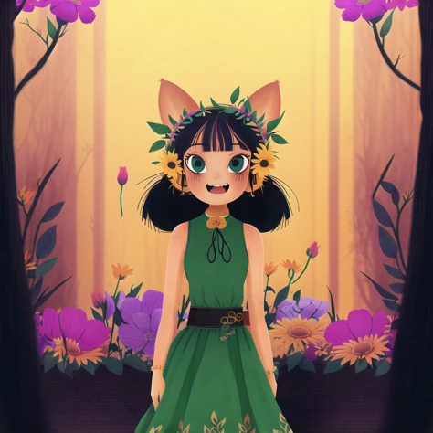 <lora:teoskaffa:1>,
1girl, :d, animal ear fluff, animal ears, bangs, black hairband, blonde hair, blurry, blurry background, depth of field, dress, flower, flower pot, frilled dress, frills, green dress, green eyes, hairband, holding, long hair, open mouth, pink flower, plant, potted plant, sketch, sleeveless, sleeveless dress, smile, solo, tail, twitter username, wrist cuffs, yellow flower