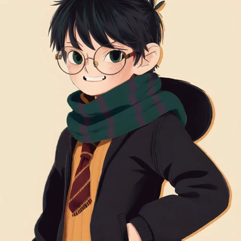<lora:teoskaffa:0.8>,
1boy, :d, animal hug, bird, black coat, black hair, black pants, black sweater, closed mouth, coat, diagonal-striped neckwear, diagonal stripes, falling feathers, green eyes, grey background, gryffindor, highres, hogwarts school uniform, long sleeves, male focus, multiple views, one eye closed, owl, pants, red necktie, red scarf, round eyewear, scarf, school uniform, smile, solo, striped, striped neckwear, striped scarf, sweater, upper body, yellow necktie, yellow scarf, yuji \(fantasia\)