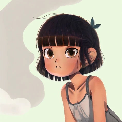 <lora:teoskaffa:1>,
solo, 1girl, masterpiece, best quality, black hair, (white camisole), brown eyes, bob cut, blunt bangs, brown eyes, blush, black hair, steaming, (freckles:0.8), collarbone, exposed shoulders, small breasts, empty background, white background, :o, confused, (?)