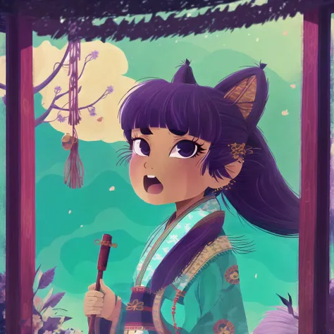 <lora:teoskaffa:1>,
masterpiece, best quality,
1girl, animal ear fluff, animal ears,
powder eyes,
swept back hairstyle,
turquoise
shinto robe,
lion girl, highres, looking at viewer, open mouth, short eyebrows , solo, standing, thick eyebrows, upper body, dark purple shirt, from below, ,