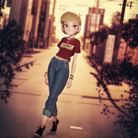 <lora:teoskaffa_2:1>, 

blurry, blurry background, blurry foreground, depth of field, photo \(medium\), photo background, jeans, denim, city, building, 1girl, motion blur, cosplay photo, street, skyscraper, outdoors, photo inset, pants, town, road, watch, stadium, necklace, hands on hips, hand on hip, bracelet, day, wristwatch, people, reference inset, jewelry, solo, choker, blonde hair, wristband, tokyo \(city\), short hair, casual, bokeh, lips, shirt, looking at viewer, t-shirt, blue pants