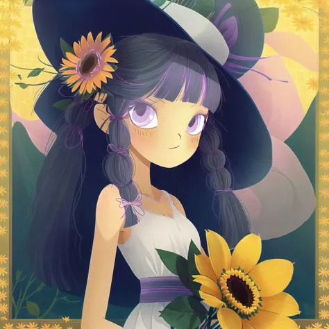 <lora:teoskaffa_2:1>,
1girl, bare arms, blue ribbon, bouquet, bow, collarbone, dress, flower, grey dress, hat, hat bow, holding, holding bouquet, long dress, long hair, looking at viewer, purple bow, purple hair, ribbon, sleeveless, sleeveless dress, solo, standing, straight hair, straw hat, sun hat, sundress, sunflower, very long hair, yellow eyes, yellow flower, yellow headwear