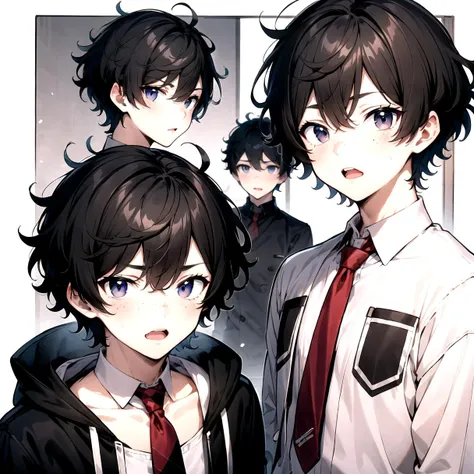 crop top, looking_at_viewer, blush, short_hair, open_mouth, black_hair, male_focus, multiple_boys, 2boys, black_eyes, red_necktie, side_slit, (2 boys:1.3), freckles, (very short hair:1.1), Dark black hair, (fluffy hair:1.1), masterpiece, best quality, anime boy, colorful, messy hair, shaggy hair, short hair, cute, handsome boy, cute boy, curly hair