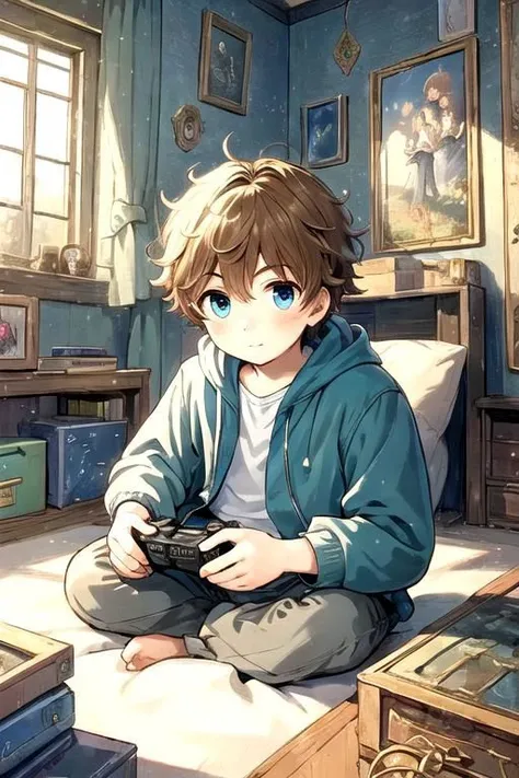 masterpiece, best quality, High quality, detailed, detailed scenery, 
Magical Realism, boy playing videogames in a cluttered apartment, Spunky confidence, merging of present and past, depiction of alienation, uncanny, exquisite detail, dreamlike, Magical Realism Style
