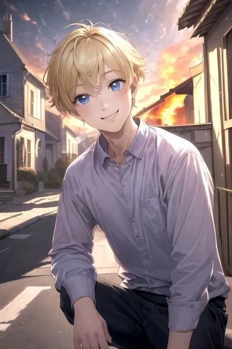 (best quality, masterpiece, beautiful and aesthetic, colorful, dynamic angle)
Magical Realism, Blond boy smiling slightly, eye contact with viewer, burning house in background, (hyper realism, soft light, dramatic light, sharp, HDR, official art, extreme detail, highest detail)