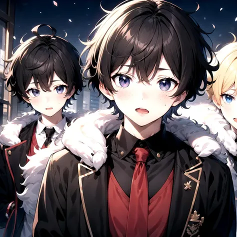 crop top, looking_at_viewer, blush, short_hair, open_mouth, black_hair, male_focus, multiple_boys, 2boys, black_eyes, red_necktie, side_slit, (2 boys:1.3), freckles, (very short hair:1.1), Dark black hair, (fluffy hair:1.1), masterpiece, best quality, anime boy, colorful, messy hair, shaggy hair, short hair, cute, handsome boy, cute boy, curly hair