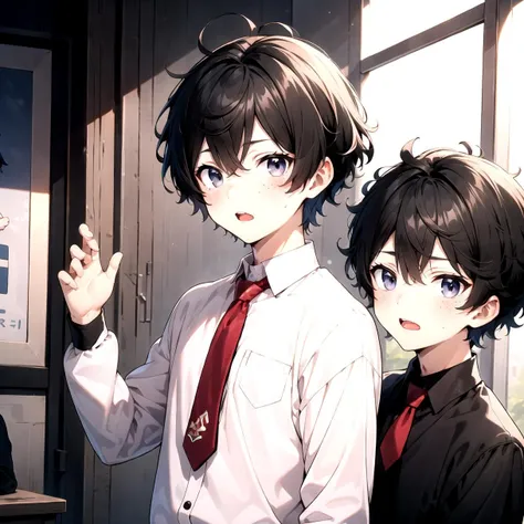 crop top, looking_at_viewer, blush, short_hair, open_mouth, black_hair, male_focus, multiple_boys, 2boys, black_eyes, red_necktie, side_slit, (2 boys:1.3), freckles, (very short hair:1.1), Dark black hair, (fluffy hair:1.1), masterpiece, best quality, anime boy, colorful, messy hair, shaggy hair, short hair, cute, handsome boy, cute boy, curly hair