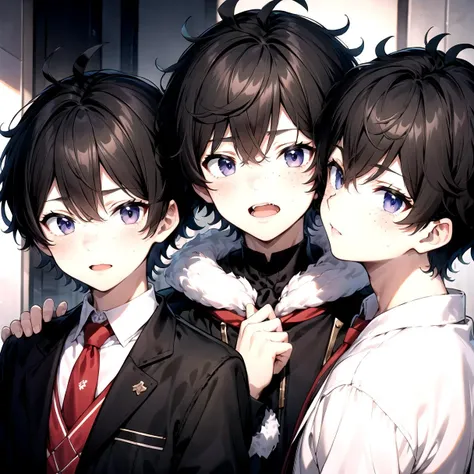 crop top, looking_at_viewer, blush, short_hair, open_mouth, black_hair, male_focus, multiple_boys, 2boys, black_eyes, red_necktie, side_slit, (2 boys:1.3), freckles, (very short hair:1.1), Dark black hair, (fluffy hair:1.1), masterpiece, best quality, anime boy, colorful, messy hair, shaggy hair, short hair, cute, handsome boy, cute boy, curly hair
